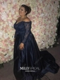 Ball Gown Off-the-shoulder Satin Modest Prom Dresses With Beading