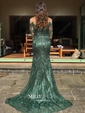 Trumpet/Mermaid Sweep Train Illusion Lace Tulle Long Sleeves Appliques Lace Prom Dresses