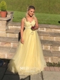 Ball Gown V-neck Floor-length Tulle Prom Dresses With Appliques
