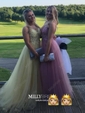 Ball Gown V-neck Floor-length Tulle Prom Dresses With Appliques