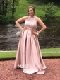 Princess High Neck Lace Satin Floor-length Beading Prom Dresses