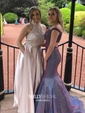 Princess High Neck Lace Satin Floor-length Beading Prom Dresses