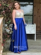 Ball Gown V-neck Backless Satin Prom Dresses With Beading