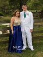 Ball Gown V-neck Backless Satin Prom Dresses With Beading
