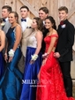 Ball Gown V-neck Backless Satin Prom Dresses With Beading