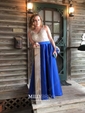 Ball Gown V-neck Backless Satin Prom Dresses With Beading