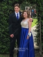 Ball Gown V-neck Backless Satin Prom Dresses With Beading
