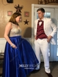 Ball Gown V-neck Backless Satin Prom Dresses With Beading