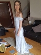Trumpet/Mermaid Sweep Train Off-the-shoulder Lace Appliques Lace Prom Dresses