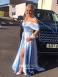 Ball Gown Off-the-shoulder Satin Modest Prom Dresses With Ruched