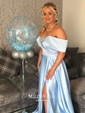 Ball Gown Off-the-shoulder Satin Modest Prom Dresses With Ruched