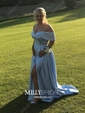 Ball Gown Off-the-shoulder Satin Modest Prom Dresses With Ruched