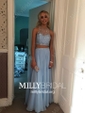 A-line Scoop Neck Chiffon Tulle Two Piece Prom Dresses With Beading