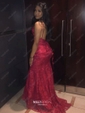 Burgundy Mermaid V-neck Lace Backless Prom Dresses