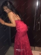 Burgundy Mermaid V-neck Lace Backless Prom Dresses