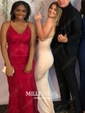 Burgundy Mermaid V-neck Lace Backless Prom Dresses