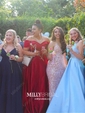 Ball Gown/Princess Sweep Train Off-the-shoulder Satin Split Front Prom Dresses