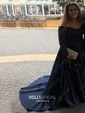 Ball Gown Off-the-shoulder Satin Modest Prom Dresses With Beading