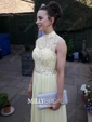 A-line High Neck Chiffon Floor-length Beading Prom Dresses