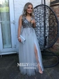 Ball Gown/Princess Floor-length V-neck Tulle Beading Prom Dresses