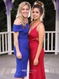 Sheath/Column Sweep Train V-neck Jersey Ruffles Prom Dresses