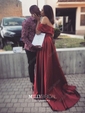 Ball Gown Off-the-shoulder Satin Modest Prom Dresses With Ruched