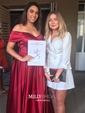 Ball Gown Off-the-shoulder Satin Modest Prom Dresses With Ruched