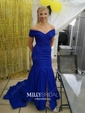 Trumpet/Mermaid Off-the-shoulder Silk-like Satin Sweep Train Sashes / Ribbons Prom Dresses