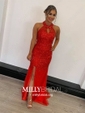 Trumpet/Mermaid Scoop Neck Tulle Sweep Train Beading Prom Dresses