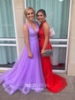 Trumpet/Mermaid Scoop Neck Tulle Sweep Train Beading Prom Dresses