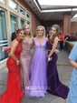 Trumpet/Mermaid Scoop Neck Tulle Sweep Train Beading Prom Dresses