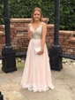 A-line V-neck Floor-length Backless Chiffon Prom Dresses With Beading