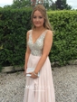 A-line V-neck Floor-length Backless Chiffon Prom Dresses With Beading