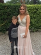 A-line V-neck Floor-length Backless Chiffon Prom Dresses With Beading