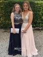 A-line V-neck Floor-length Backless Chiffon Prom Dresses With Beading