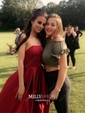Burgundy Ball Gown Strapless Satin Prom Dresses