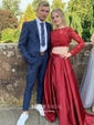 Ball Gown Illusion Lace Satin Long Sleeves Two Piece Prom Dresses