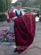 Ball Gown Illusion Lace Satin Long Sleeves Two Piece Prom Dresses