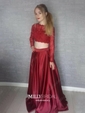 Ball Gown Illusion Lace Satin Long Sleeves Two Piece Prom Dresses