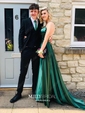 A-line Sweep Train Scoop Neck Silk-like Satin Pockets Prom Dresses