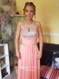 A-line Scoop Neck Chiffon Cut Out Prom Dresses With Beading