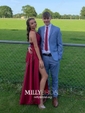 A-line V-neck Satin Cut Out Prom Dresses With Ruched