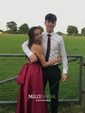A-line V-neck Satin Cut Out Prom Dresses With Ruched
