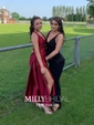 A-line V-neck Satin Cut Out Prom Dresses With Ruched