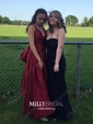 A-line V-neck Satin Cut Out Prom Dresses With Ruched