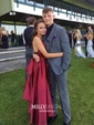 A-line V-neck Satin Cut Out Prom Dresses With Ruched