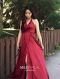 A-line Floor-length Halter Silk-like Satin Split Front Prom Dresses