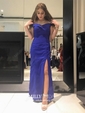 Black Sheath/Column Off-the-shoulder Satin Modest Prom Dresses