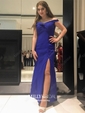 Black Sheath/Column Off-the-shoulder Satin Modest Prom Dresses