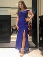 Sheath/Column Floor-length Off-the-shoulder Silk-like Satin Split Front Prom Dresses